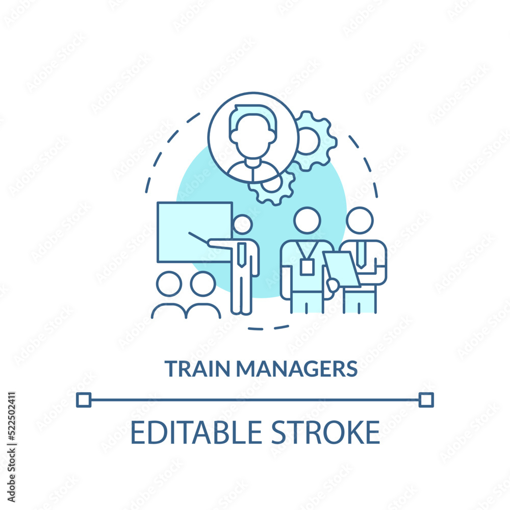 Train managers turquoise concept icon. Professional skills. Step to transformation abstract idea thin line illustration. Isolated outline drawing. Editable stroke. Arial, Myriad Pro-Bold fonts used Train managers turquoise concept icon. Professional skills. Step to transformation abstract idea thin line illustration. Isolated outline drawing. Editable stroke. Arial, Myriad Pro-Bold fonts used