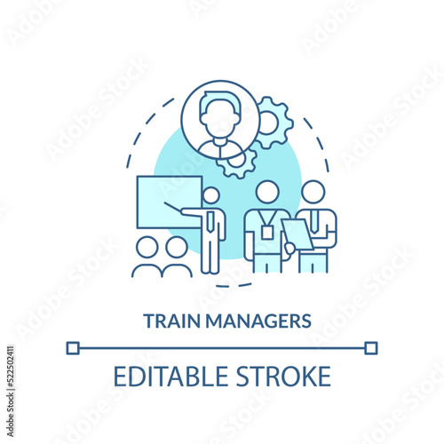 Train managers turquoise concept icon. Professional skills. Step to transformation abstract idea thin line illustration. Isolated outline drawing. Editable stroke. Arial, Myriad Pro-Bold fonts used