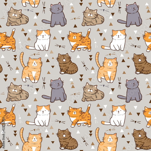 Seamless Pattern with Cartoon Cat Illustration Design on Grey Background