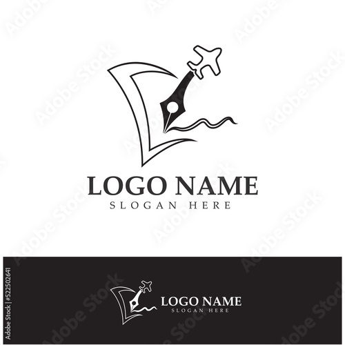 travel blog logo of airplane pen and book illustration design vector icon template