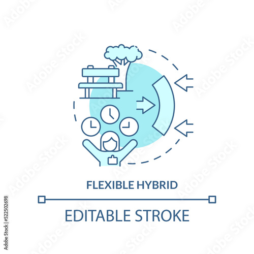 Flexible hybrid turquoise concept icon. Comfortable schedule. Combined work model abstract idea thin line illustration. Isolated outline drawing. Editable stroke. Arial, Myriad Pro-Bold fonts used