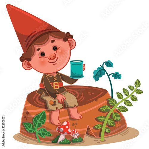 Young forest gnome sitting on tree stump and drinking milk. Vector illustration.
