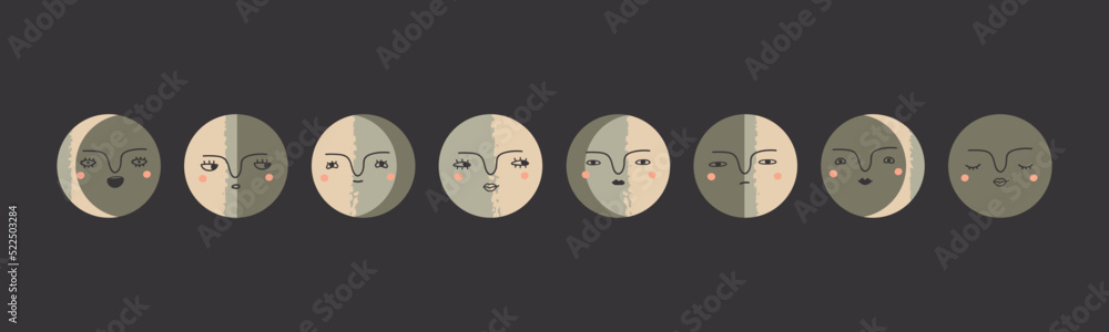 Moon phases. Crescent and full moon with faces. Hand drawn modern ...