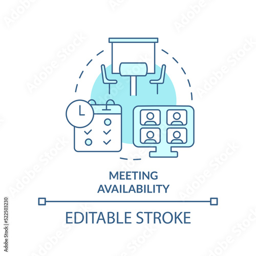 Meeting availability turquoise concept icon. Communication. Location and schedule abstract idea thin line illustration. Isolated outline drawing. Editable stroke. Arial, Myriad Pro-Bold fonts used