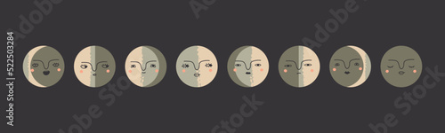 Moon phases. Crescent and full moon with faces. Hand drawn modern Vector illustration. Esoteric, occult, astrology, alchemy, boho, magic concept. Round icons. All elements are isolated