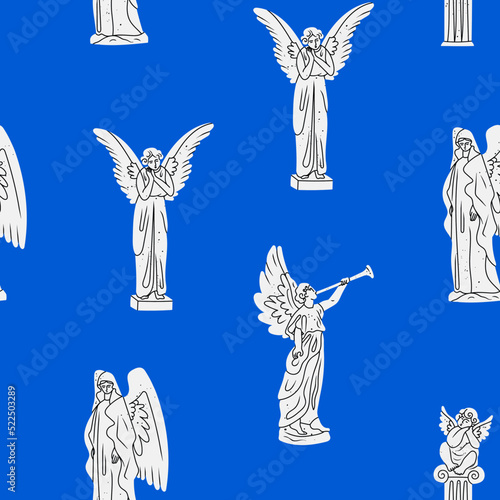 Various marble Statues. Sculptures with wings. Antique statue with horn. Statues of angels, cupid, cherub. Hand drawn modern Vector illustration. Cartoon style. Square seamless Pattern
