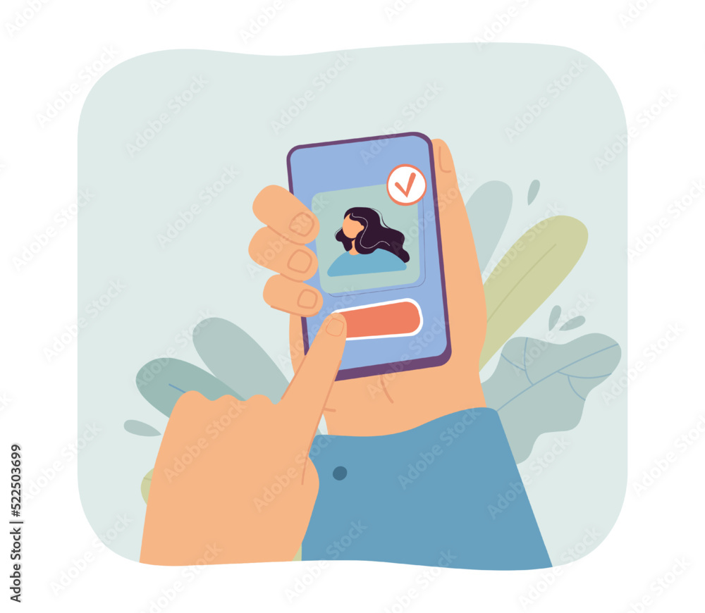Hand holding phone with picture of woman and checkmark on screen. Accepting friendship, choosing candidate or finding match on dating app flat vector illustration. Communication, recruitment concept