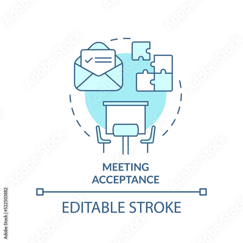 Meeting acceptance turquoise concept icon. Attending event. Business conference norm abstract idea thin line illustration. Isolated outline drawing. Editable stroke. Arial, Myriad Pro-Bold fonts used