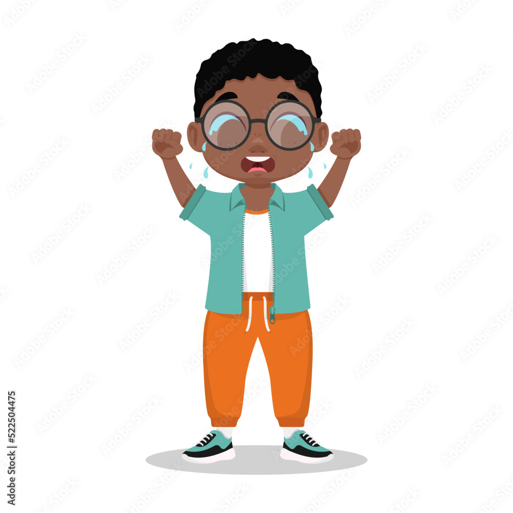 Cute boy with glasses is crying. Vector illustration