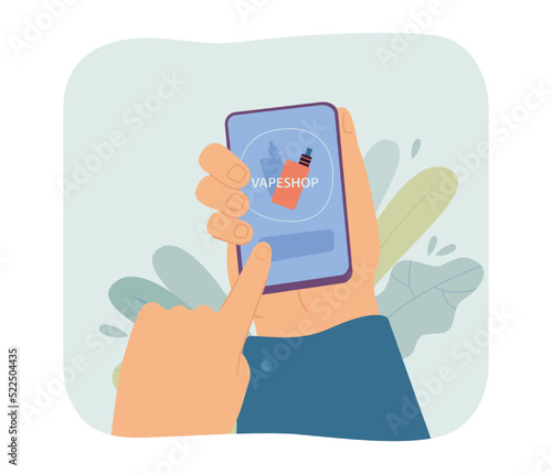 Hand of person holding phone and buying vape via internet store. Person buying electronic cigarette in online vapeshop flat vector illustration. Vaping or smoking, technology concept for banner