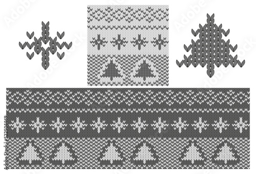 Black and white Christmas pattern background. Holiday sweater with fairisle ornament for jumper or pullover. Knitted winter design