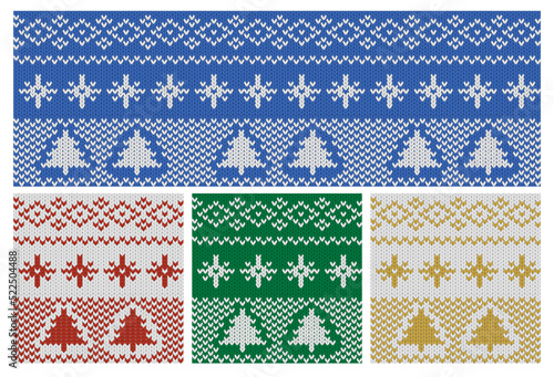 Blue seamless knit background with Christmas ornament. Norwegian greeting card background or poster to print. Winter holiday background with tree and snowflakes