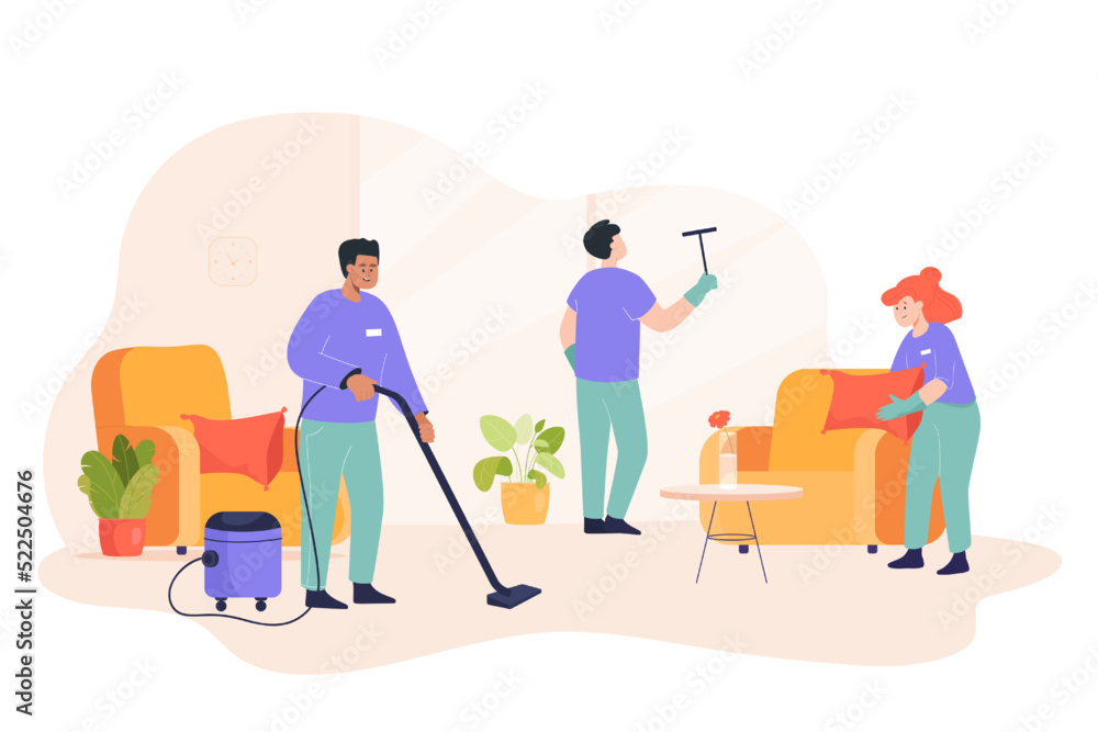 Cleaning team tidying up room flat vector illustration. Professional workers in uniform doing windows, cleaning with vacuum cleaner, working at home. Cleanup, housekeeping, hygiene concept