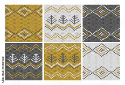 Scandinavian Christmas seamless ornament. Black and gold xmas pattern. Knitted norwegian greeting card background. Holiday tree vector invitation.