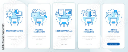 Meeting norms blue onboarding mobile app screen. Business conference walkthrough 5 steps editable graphic instructions with linear concepts. UI, UX, GUI template. Myriad Pro-Bold, Regular fonts used