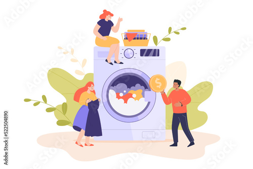 Tiny people washing clothes in huge washing machine. Man and women using public laundry, holding gold coin and dirty clothes in hands flat vector illustration. Housekeeping, washing service concept