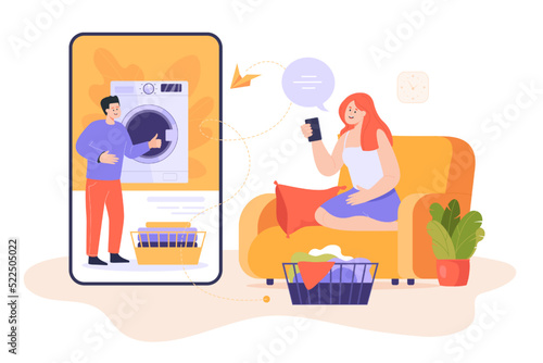 Girl using online laundry service flat vector illustration. Woman sitting in armchair and ordering clothes washing through mobile application. Housework, hygiene, occupation, service concept