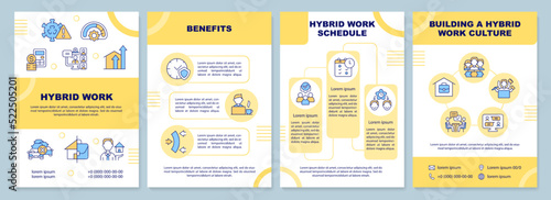 Hybrid work yellow brochure template. Home and office. Leaflet design with linear icons. Editable 4 vector layouts for presentation, annual reports. Arial-Black, Myriad Pro-Regular fonts used