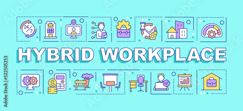 Hybrid workplace word concepts turquoise banner. Corporate culture. Infographics with editable icons on color background. Isolated typography. Vector illustration with text. Arial-Black font used photo