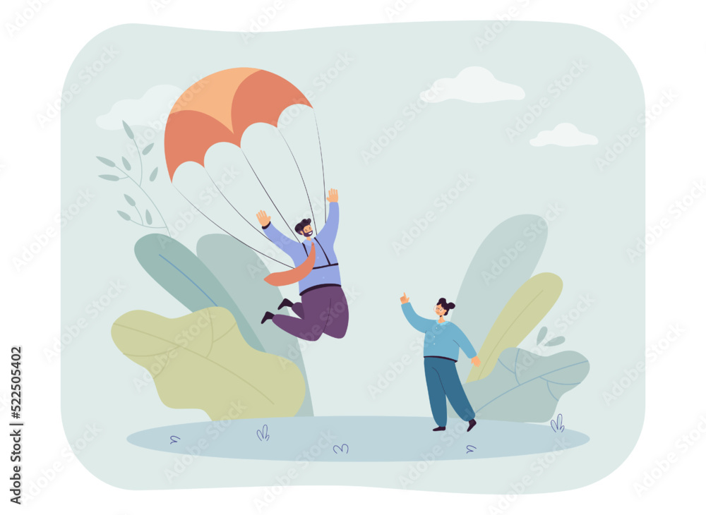 Colleague greeting businessman landing safely with parachute. Brave man skydiving flat vector illustration. Risk, safety, success, teamwork concept for banner, website design or landing web page Colleague greeting businessman landing safely with parachute. Brave man skydiving flat vector illustration. Risk, safety, success, teamwork concept for banner, website design or landing web page