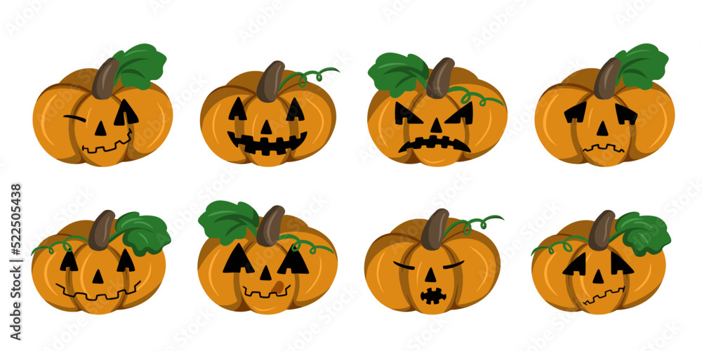 Large Set of icons, Festive Pumpkin character, Cheerful Pumpkin, Angry Pumpkin, Cartoon, Vector Flat Large Set of icons, Festive Pumpkin character, Cheerful Pumpkin, Angry Pumpkin, Cartoon, Vector Flat