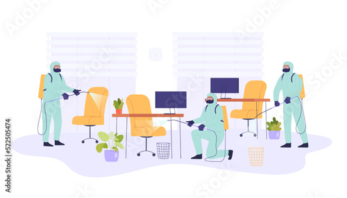 Men in protective suits disinfecting office coronavirus bacteria. Men sanitizing room from germs with spray guns flat vector illustration. Decontamination, prevention, epidemic, pandemic concept