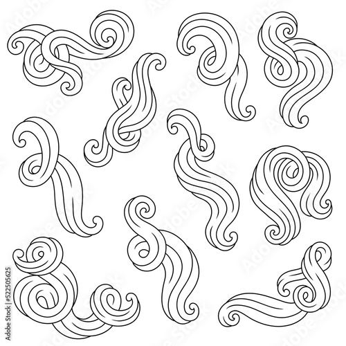 Set of wave line curls. Monochrome stripes black and white texture.