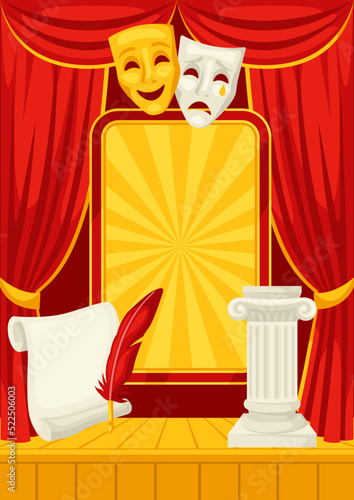Background with curtains stage. Illustration for theatrical performance.
