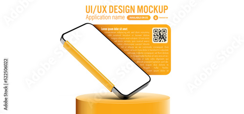 Smartphone mobile app template with blank screen on podium - description and download link with QR code on ribbon included