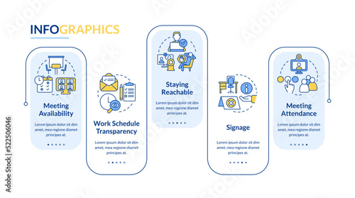 Work locations and schedules rectangle infographic template. Data visualization with 5 steps. Editable timeline info chart. Workflow layout with line icons. Lato-Bold, Regular fonts used