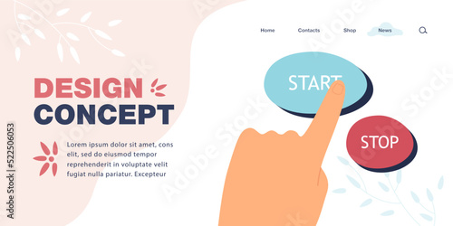 Hand pushing stop or start buttons flat vector illustration. Fingers touching or pressing red and blue buttons, starting process. Beginnings concept for banner, website design or landing web page