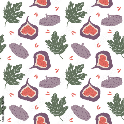 Juicy purple fig fruits and leaves, Vector seamless pattern with hand drawn elements. For fabrics, clothing, holidays, packaging paper, decoration.