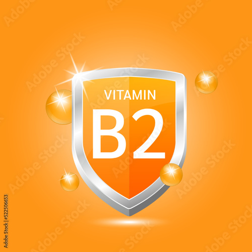 Vitamin B2 shield with orange atom circle bubbles surround. Protect body stay healthy. Medical scientific concept. For nutrition products food. Vector illustration 3D. Natural extracts.	
