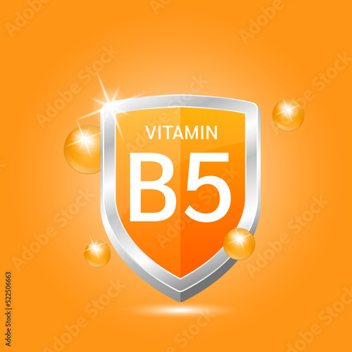 Vitamin B5 shield with orange atom circle bubbles surround. Protect body stay healthy. Medical scientific concept. For nutrition products food. Vector illustration 3D. Natural extracts.	
