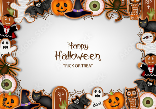 Halloween background with gingerbread cookies. halloween frame with cookies