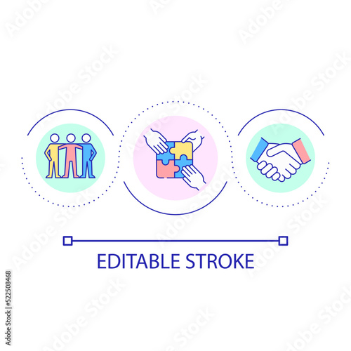 Team building at workplace loop concept icon. Teamwork activities abstract idea thin line illustration. Collaboration. Team bonding. Isolated outline drawing. Editable stroke. Arial font used