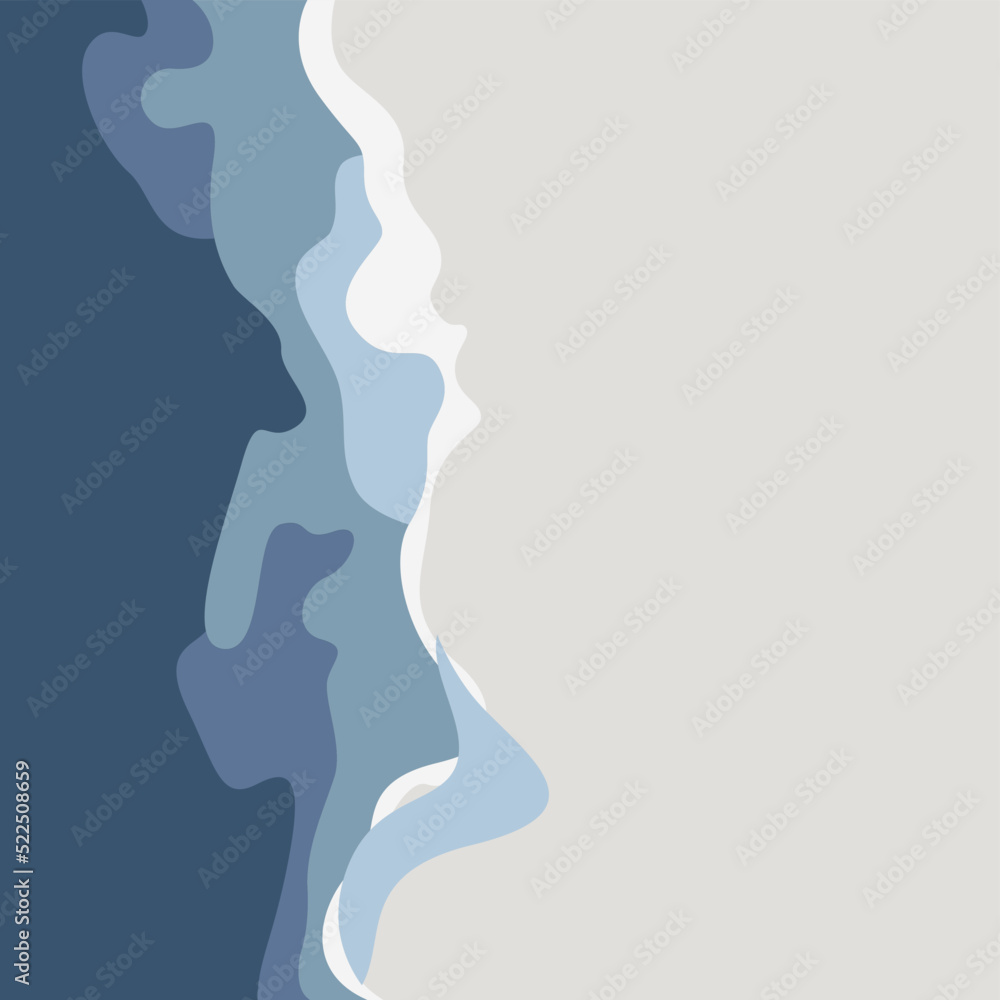 Aerial view of ocean waves reaching the coastline. Beach, sand, sea shore with blue waves. Top view overhead seaside. Hand drawn Vector illustration background Aerial view of ocean waves reaching the coastline. Beach, sand, sea shore with blue waves. Top view overhead seaside. Hand drawn Vector illustration background