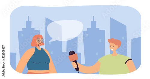 Journalist with microphone asking female celebrity questions. Male reporter interviewing woman in sunglasses flat vector illustration. Journalism, television, fame concept for banner or landing page