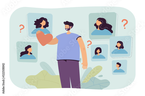 Man holding comic heart and choosing partner on dating app. Avatars of women around happy male character flat vector illustration. Love, romance, communication concept for banner or landing web page