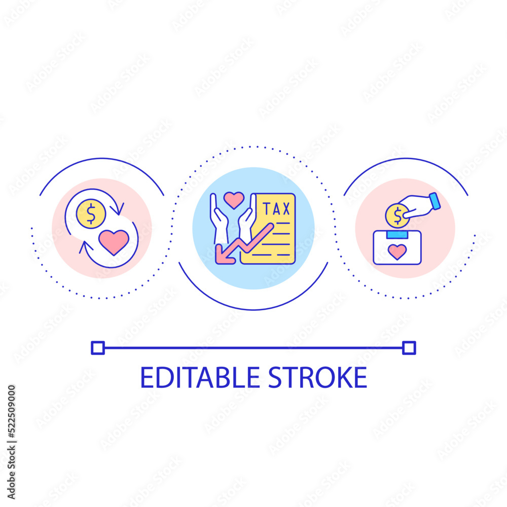 Fototapeta premium Charitable money contribution loop concept icon. Reducing taxable income abstract idea thin line illustration. Cash donation. Tax bill. Isolated outline drawing. Editable stroke. Arial font used