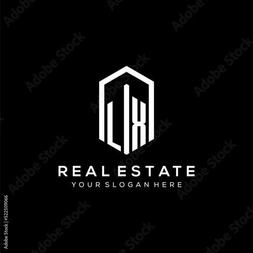 Letter LX logo for real estate with hexagon icon design