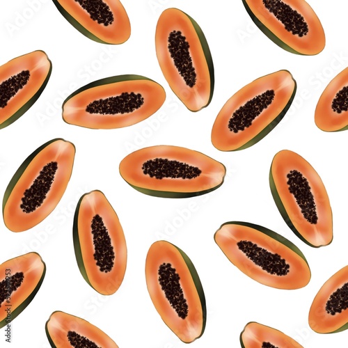 Seamless pattern with exotic fruits, papaya cut into slices. Texture design on white background