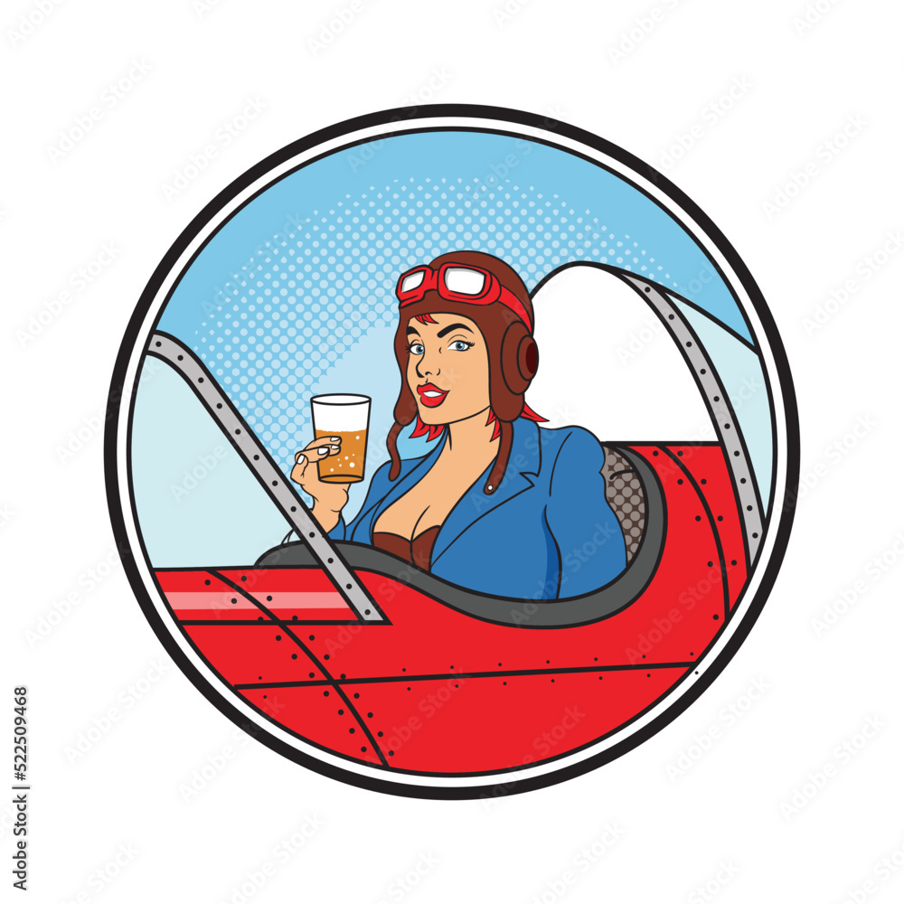 Retro pilot girl hold a glass of beer for AeroBar logo design illustration Retro pilot girl hold a glass of beer for AeroBar logo design illustration