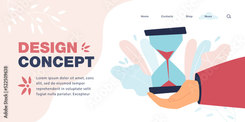 Hand holding sand-glass flat vector illustration. Metaphor for business, time management, deadline or saving time. Countdown, measurement concept for banner, website design or landing web page photo