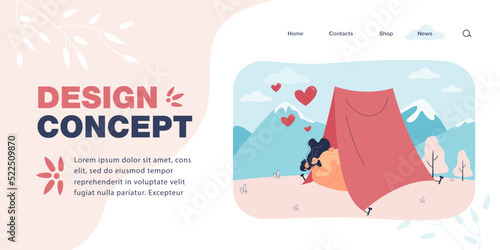 Couple making love in tent in mountains flat vector illustration. Young naked couple lying and hugging. Tenderness, romance, intimate life concept for banner, website design or landing web page