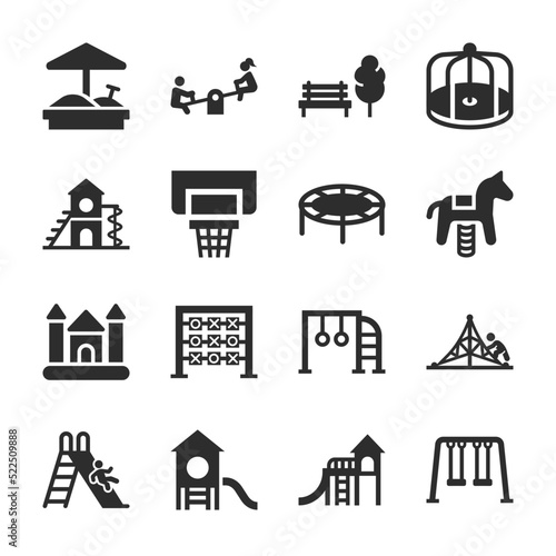 Playground icons set. Jungle gym. Children's amusement park, a place for children and parents to leisure. Slide, sandpit, merry-go-round, seesaw. Monochrome black and white icon.