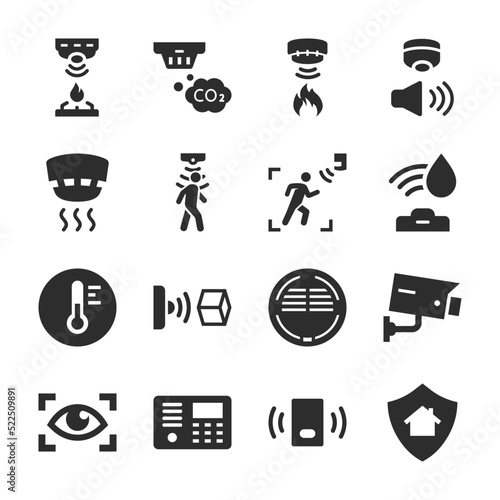 Detectors and sensors icons set. Security. Smoke, fire, water, motion sensor. Monochrome black and white icon.