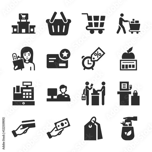 Supermarket, mall icons set. The customer buys goods in the store. The buyer and the seller. The prices of food, cashier, cash register. Monochrome black and white icon.