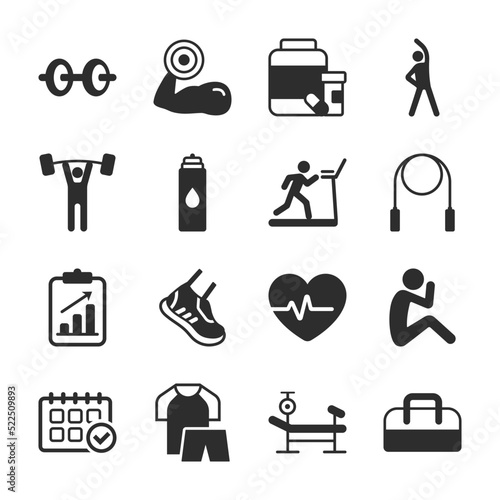 Gym icons set. Various physical training. Sports equipment.. Monochrome black and white icon.