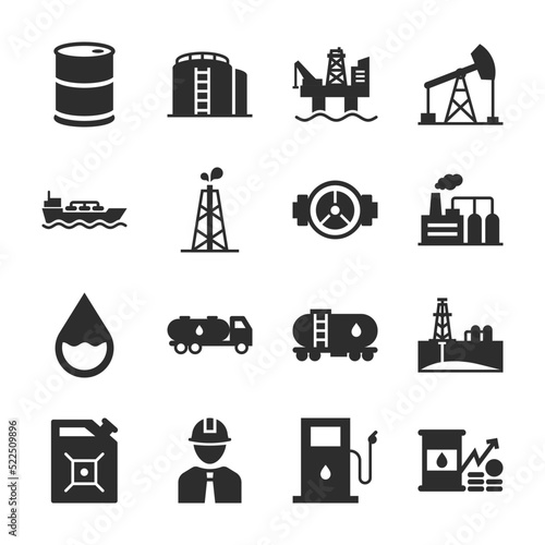 Oil, Fuel icons set. Petroleum industry. Extraction of a fossil resource, transportation, use. Monochrome black and white icon.